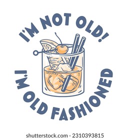 Old fashioned cocktail with ice and cherry for design of bar menu. American alcochol cocktail with whisky and bourbon for drink party. Tee print