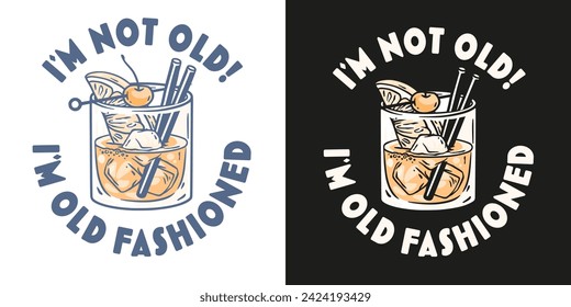 Cocktail aus alter Mode mit Eis, Kirsche und Spritzer für die Gestaltung der Bar-Speisekarte. Amerikanischer Alkohol-Cocktail mit Whisky und Bourbon für eine Drink-Party. T-Shirt-Druck.