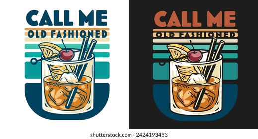 Old fashioned cocktail with ice, cherry and splash for design of bar menu. American alcohol cocktail with whisky and bourbon for drink party. Tee print.