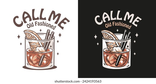 Old fashioned cocktail with ice, cherry and splash for design of bar menu. American alcohol cocktail with whisky and bourbon for drink party. Tee print.