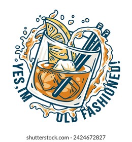 Old fashioned cocktail with ice, cherry and splash for design of bar menu. American alcohol cocktail with whisky and bourbon for drink party. Tee print.