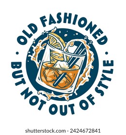 Old fashioned cocktail with ice, cherry and splash for design of bar menu. American alcohol cocktail with whisky and bourbon for drink party. Tee print.
