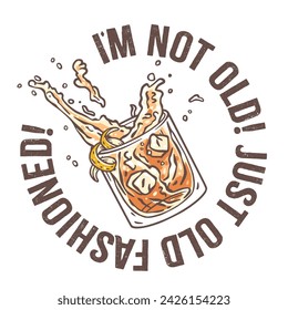 Old fashioned cocktail with ice, cherry and splash for design of bar menu. American alcohol cocktail with whisky and bourbon for drink party. Tee print.