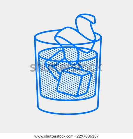 Old fashioned cocktail with ice cubes and orange peel. Line art, retro. Vector illustration for bars, cafes, and restaurants.