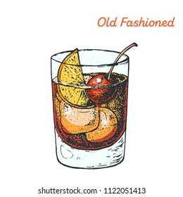 Old Fashioned Cocktail Illustration. Alcoholic Cocktails Hand Drawn Vector Illustration.