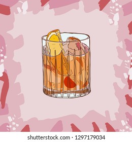 Old Fashioned Cocktail Illustration. Alcoholic Bar Drink Hand Drawn Vector. Pop Art