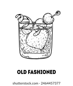 Old fashioned cocktail illustration. Hand drawn sketch. Vector illustration. Isolated object.