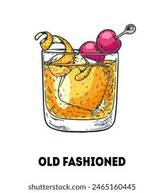 Old fashioned cocktail illustration. Hand drawn sketch. Vector illustration. Isolated object.