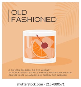 Old Fashioned Cocktail on the rocks garnish with orange slice and maraschino cherry. Whiskey Sour summer aperitif tropical poster. Minimalistic trendy card with alcoholic beverage. Vector illustration