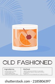 Old Fashioned Cocktail on the rocks garnish with orange slice and maraschino cherry. Whiskey with ice aperitif tropical vertical poster. Minimalistic trendy alcoholic beverage. Vector illustration.