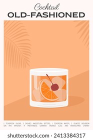 Old Fashioned Cocktail on the rocks garnish with orange slice and maraschino cherry. Whiskey with ice aperitif tropical vertical poster. Minimalistic trendy alcoholic beverage. Vector illustration.