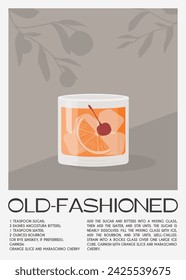 Old Fashioned Cocktail on the rocks garnish with orange slice and maraschino cherry. Whiskey with ice aperitif tropical vertical poster. Minimalistic trendy alcoholic beverage. Vector illustration.