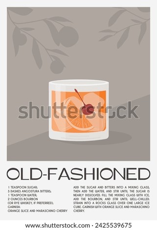 Old Fashioned Cocktail on the rocks garnish with orange slice and maraschino cherry. Whiskey with ice aperitif tropical vertical poster. Minimalistic trendy alcoholic beverage. Vector illustration.