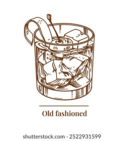 Old fashioned cocktail, one color illustration, engraving style, monochrome vector drawing