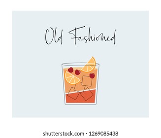 Old fashioned cocktail with oranges and cherry