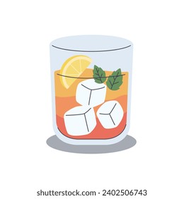 Old fashioned cocktail. Refreshing drink with ice cubes decorate with lemon and mint leaves. Flat cartoon style vector illustration isolated on white background