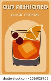 Old Fashioned Cocktail retro poster. Popular alcohol drink. Vintage flat vector illustration for bar cart, pub, restaurant, kitchen wall art print.