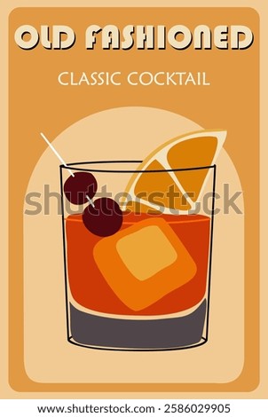 Old Fashioned Cocktail retro poster. Popular alcohol drink. Vintage flat vector illustration for bar cart, pub, restaurant, kitchen wall art print.