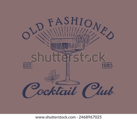 old fashioned cocktail vector design, cocktail club vintage art, wine glass with lemon and mint vector art for t shirt, poster, graphic print