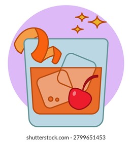 Old Fashioned cocktail vector icon with orange peel and cherry. Classic whiskey drink with ice cubes in lowball glass.