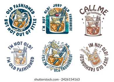 Conjunto de vector de cóctel a la antigua usanza con hielo, cereza y salpicadura para el diseño del menú del bar. Colección de cócteles de alcohol americano con whisky y bourbon para la fiesta de bebidas. Huella de la camiseta.