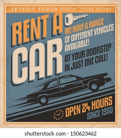 Old fashioned comics style rent a car poster design. Vintage vector template on old paper texture.