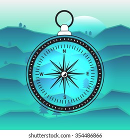 Old fashioned compass on blue mountain background. Vector illustration for your graphic design.