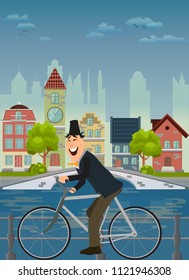 Old fashioned cyclist on a cute detailed vector old city houses background. European retro style building houses. Flat vector illustration