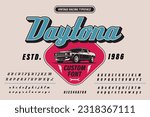 Old fashioned Daytona 500 race speed alphabet, retro car letters, minimalistic automotive font for cool racing logo, speed headline, vintage typography. Vector typographic design