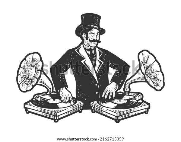 Old\
fashioned DJ disc jockey at mixer console with vintage gramophones\
phonograph sketch engraving vector illustration. T-shirt apparel\
print design. Black and white hand drawn\
image.