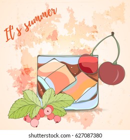 Old fashioned drink can be used for holiday cards, invitation, postcard, menu or website. Hand drawn illustration of popular alcohol cocktail with cranberry and cherry on bright background. Summer art