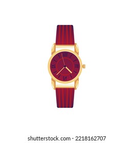 Old fashioned elegant wrist watch with golden dial, flat vector illustration isolated on white background. Mechanical retro watch with striped bracelet or band. Concept of time.