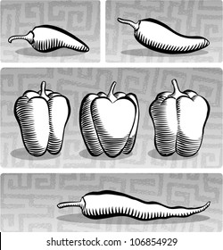 Old fashioned etched style illustration of various chili peppers, in black and white.