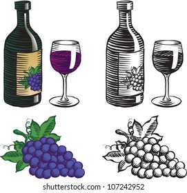 Old fashioned etched style illustration of an open bottle of wine with a full wine glass next to it, and a bunch of concord grapes, in color and black and white, isolated on white.