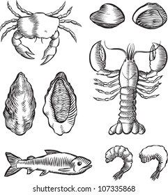 Old fashioned etched style illustration of various seafood, including crab, oysters, clams, lobster, fish, and shrimp, in black and white, isolated on white.