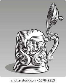 Old fashioned etched style illustration of an old fashioned beer stein with its lid open and filled with beer. In black and white.