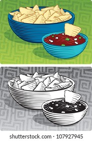 Old Fashioned Etched Style Illustration Of A Large Bowl Of Corn Chips Sitting Next To A Small Bowl Of Salsa. In Color And Black And White.