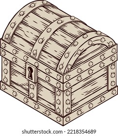 An old fashioned fantasy pirates or treasure chest isometric vintage woodcut style map icon or illustration.