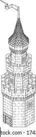 An old fashioned fantasy wizards or knights tower castle. Isometric vintage woodcut style building map icon or illustration.