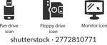 Old fashioned floppy drive and usb flash drive with monitor icon next to them