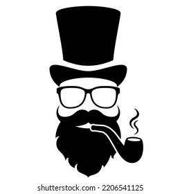 Old Fashioned Gentleman Face With Pipe, Vector Cartoon On White Background, Vintage Style Person, Abstract Web Clip Art