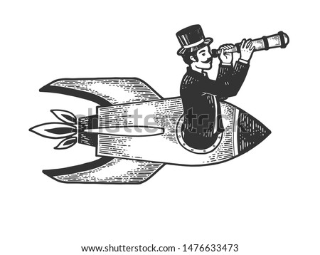 Old fashioned gentleman flies in rocket and looks through telescope sketch engraving vector illustration. Scratch board style imitation. Black and white hand drawn image.