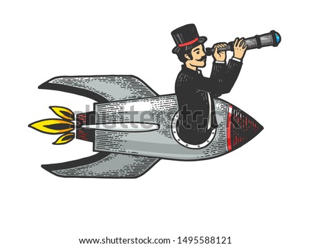 Old fashioned gentleman flies in rocket and looks through telescope color sketch engraving vector illustration. Tee shirt apparel print design. Scratch board style imitation. Black and white hand draw