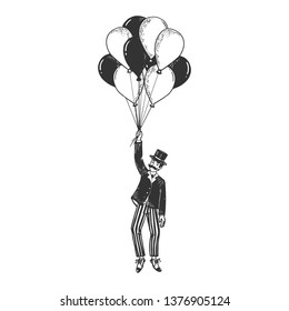 Old fashioned gentleman flying on air balloons sketch engraving vector illustration. Scratch board style imitation. Black and white hand drawn image.