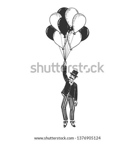 Old fashioned gentleman flying on air balloons sketch engraving vector illustration. Scratch board style imitation. Black and white hand drawn image.
