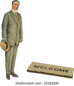 old fashioned gentleman with hat and welcome mat