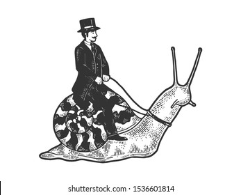 Old fashioned gentleman riding snail sketch engraving vector illustration. T-shirt apparel print design. Scratch board style imitation. Black and white hand drawn image.