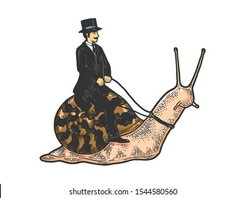 Old fashioned gentleman riding snail sketch engraving vector illustration. T-shirt apparel print design. Scratch board style imitation. Black and white hand drawn image.