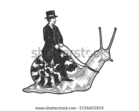 Old fashioned gentleman riding snail sketch engraving vector illustration. T-shirt apparel print design. Scratch board style imitation. Black and white hand drawn image.