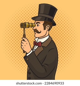 Un caballero a la antigua moda con sombrero de punta y con binoculares pinup de arte pop retro ilustración vectorial. La imitación al estilo de un libro de historietas.